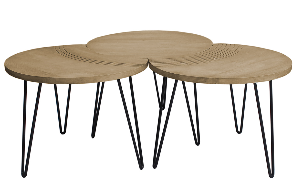 Tables basses gigognes gravées bois manguier massif et métal noir (lot de 3) VIBES