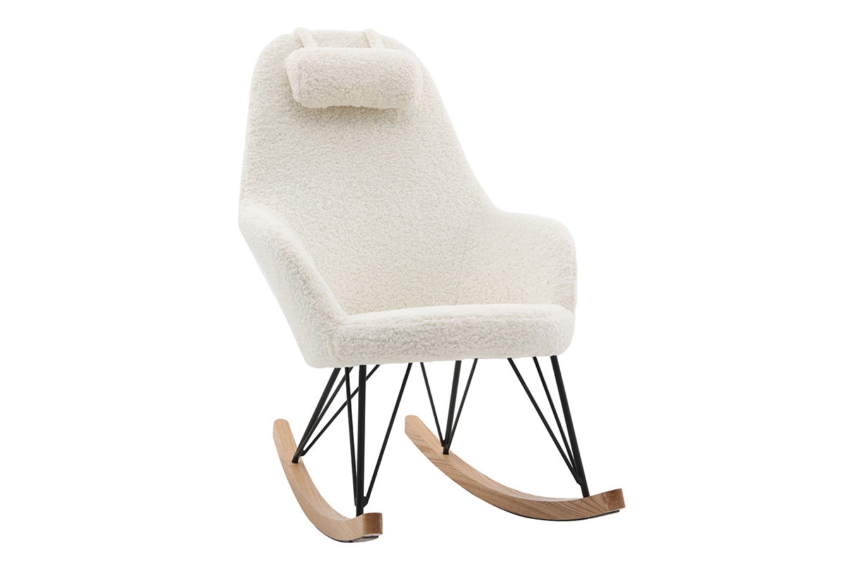 Rocking chair scandinave en tissu effet peau de mouton blanc, métal noir et bois clair JHENE
