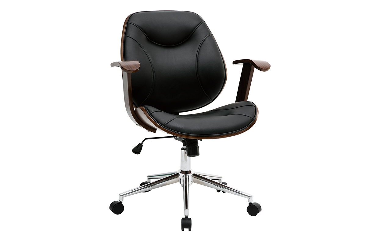 Chaise de bureau à roulettes design noir, bois foncé noyer et acier chromé YORKE