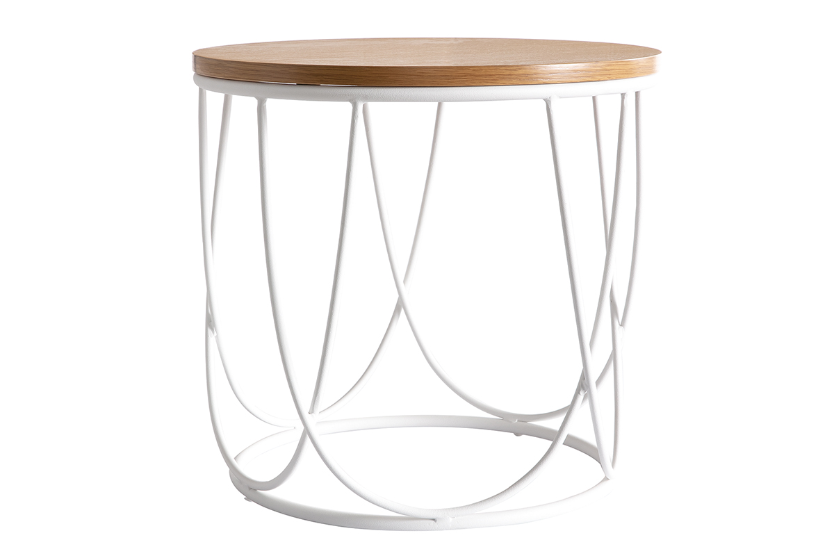 Table d'appoint ronde bois clair chêne et métal blanc D42 cm LACE
