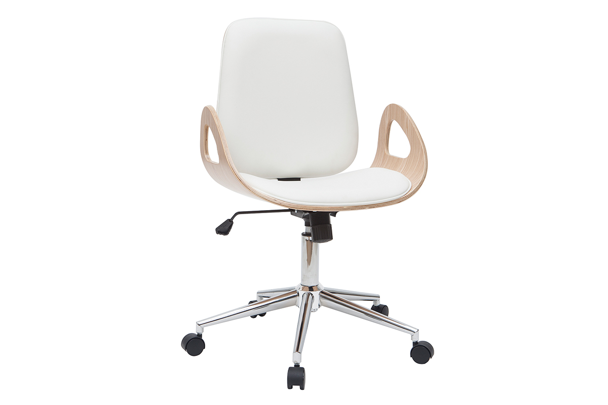 Chaise de bureau à roulettes design blanc, bois clair et acier chromé GLORY