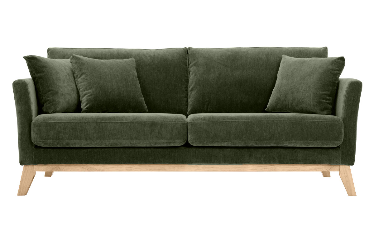 Canapé scandinave déhoussable 3 places en tissu effet velours vert kaki et bois clair OSLO