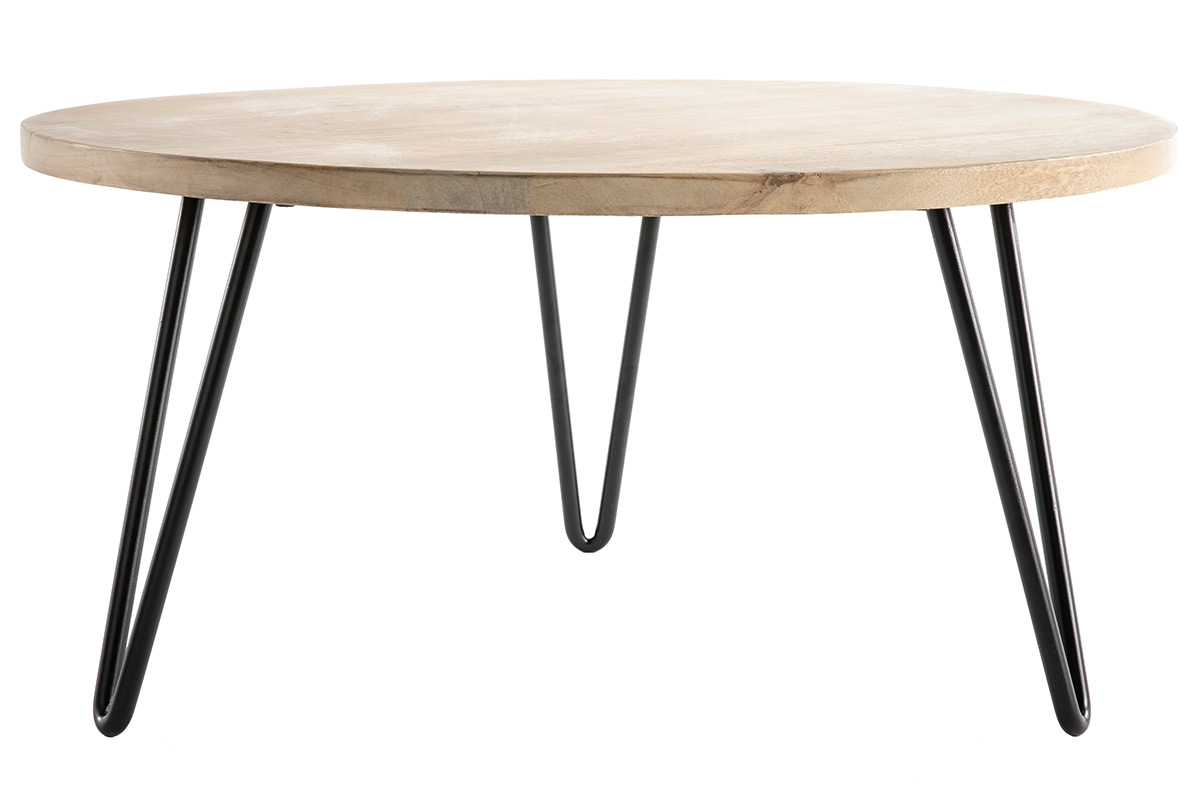 Table basse ronde bois manguier massif et métal noir D80 cm VIBES