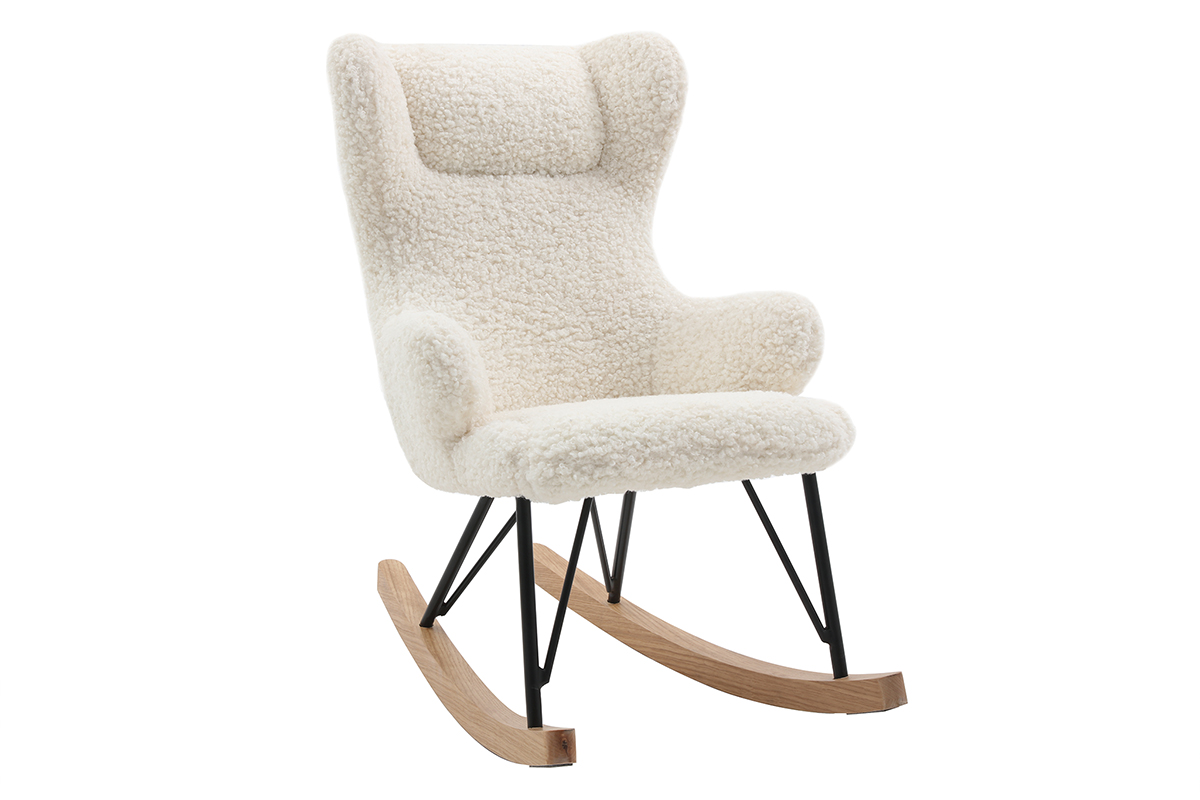 Rocking chair enfant en tissu effet peau de mouton blanc, métal noir et bois clair SHAUN