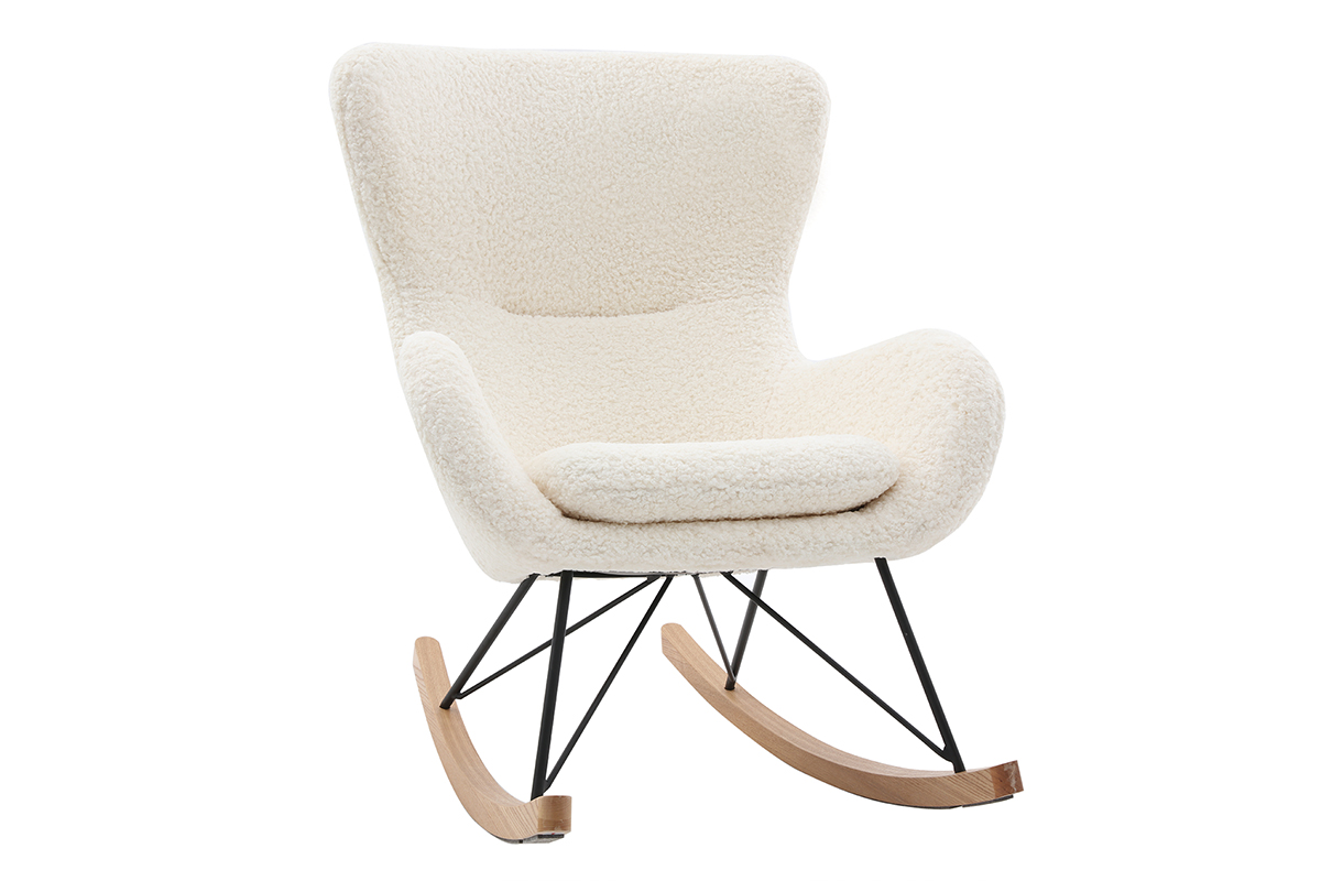 Rocking chair scandinave en tissu effet peau de mouton blanc, métal noir et bois clair  ESKUA