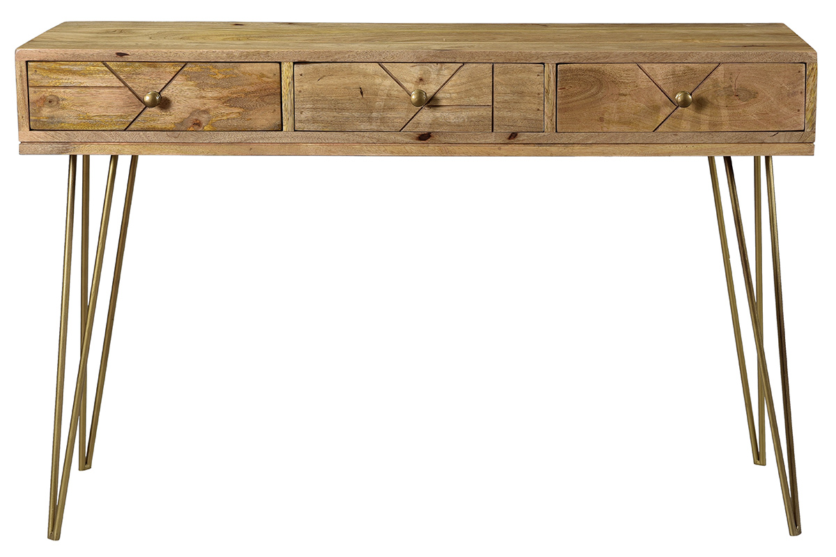 Console avec rangements 3 tiroirs en bois manguier massif gravé et métal doré L120 cm LINIUM
