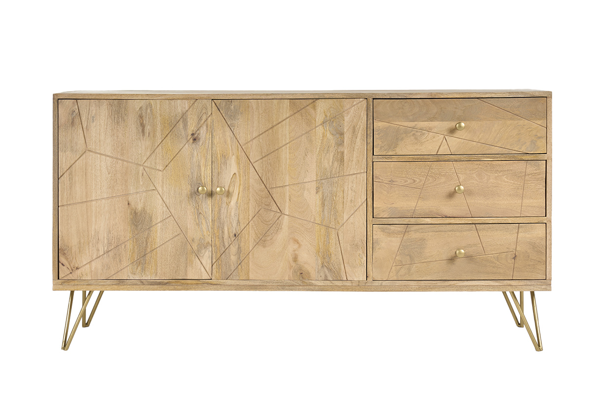 Buffet gravé en bois manguier massif et métal doré 2 portes 3 tiroirs L145 cm LINIUM