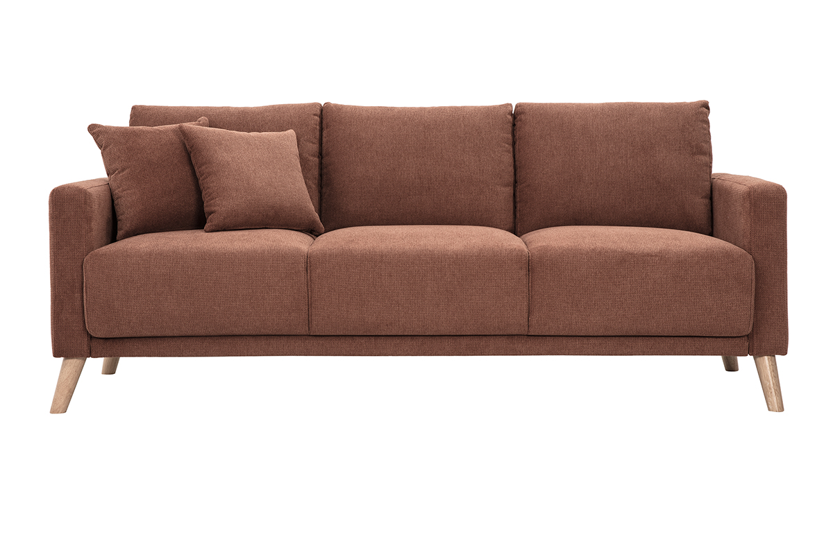 Sofá de 3 plazas en tela de chenilla color tierra quemada y madera clara MUNIK