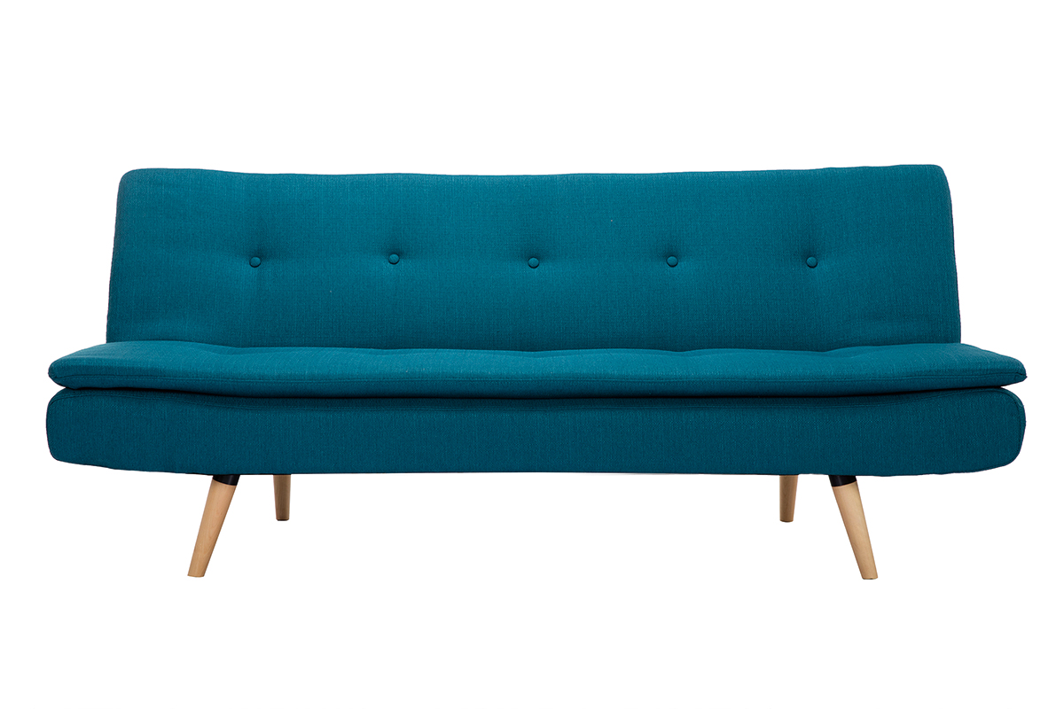 Canapé convertible scandinave 3 places en tissu bleu canard et bois clair SENSO