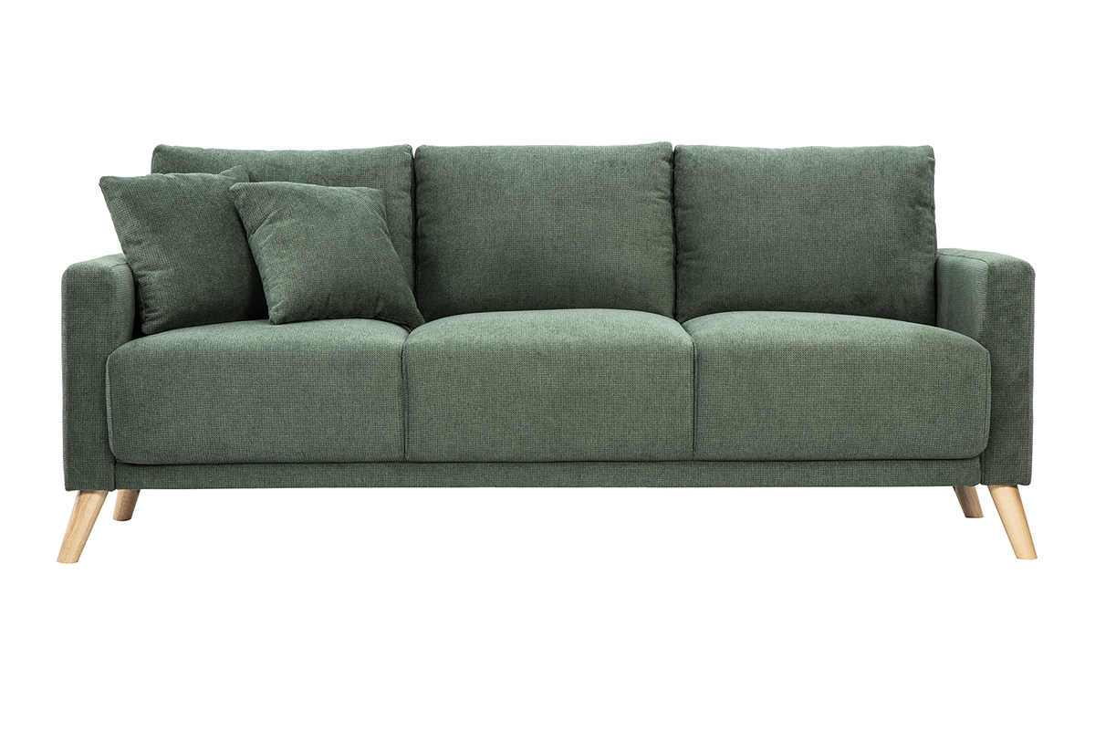 Canapé 3 places en tissu chenille vert kaki et bois clair MUNIK