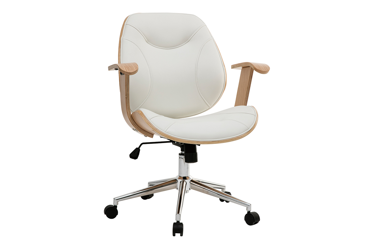 Chaise de bureau à roulettes design blanc, bois clair et acier chromé YORKE