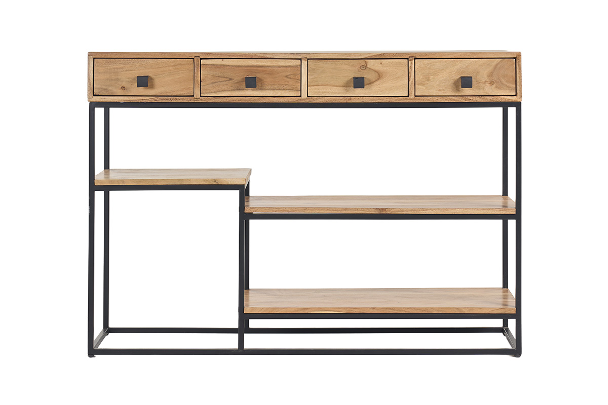 Console industrielle avec rangements 4 tiroirs en bois massif et métal noir L115 cm GRENELLE