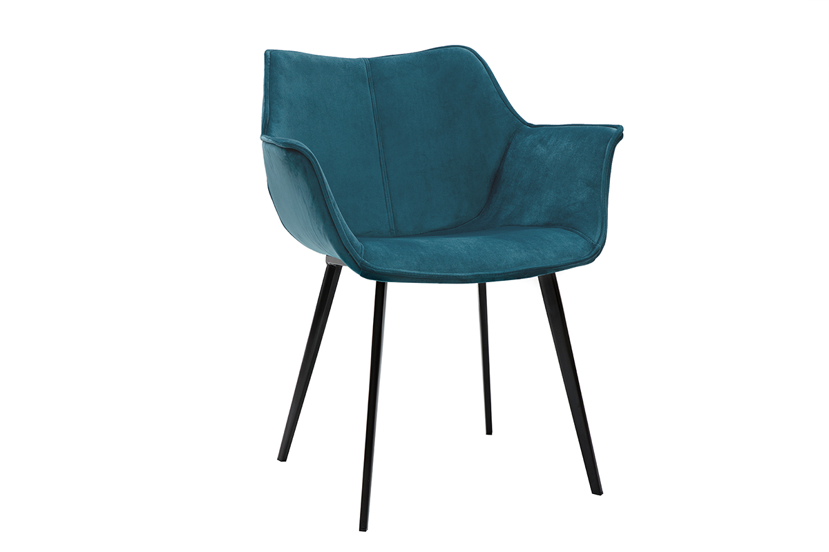 Silla moderna en terciopelo azul petróleo y patas metal negro VOLO