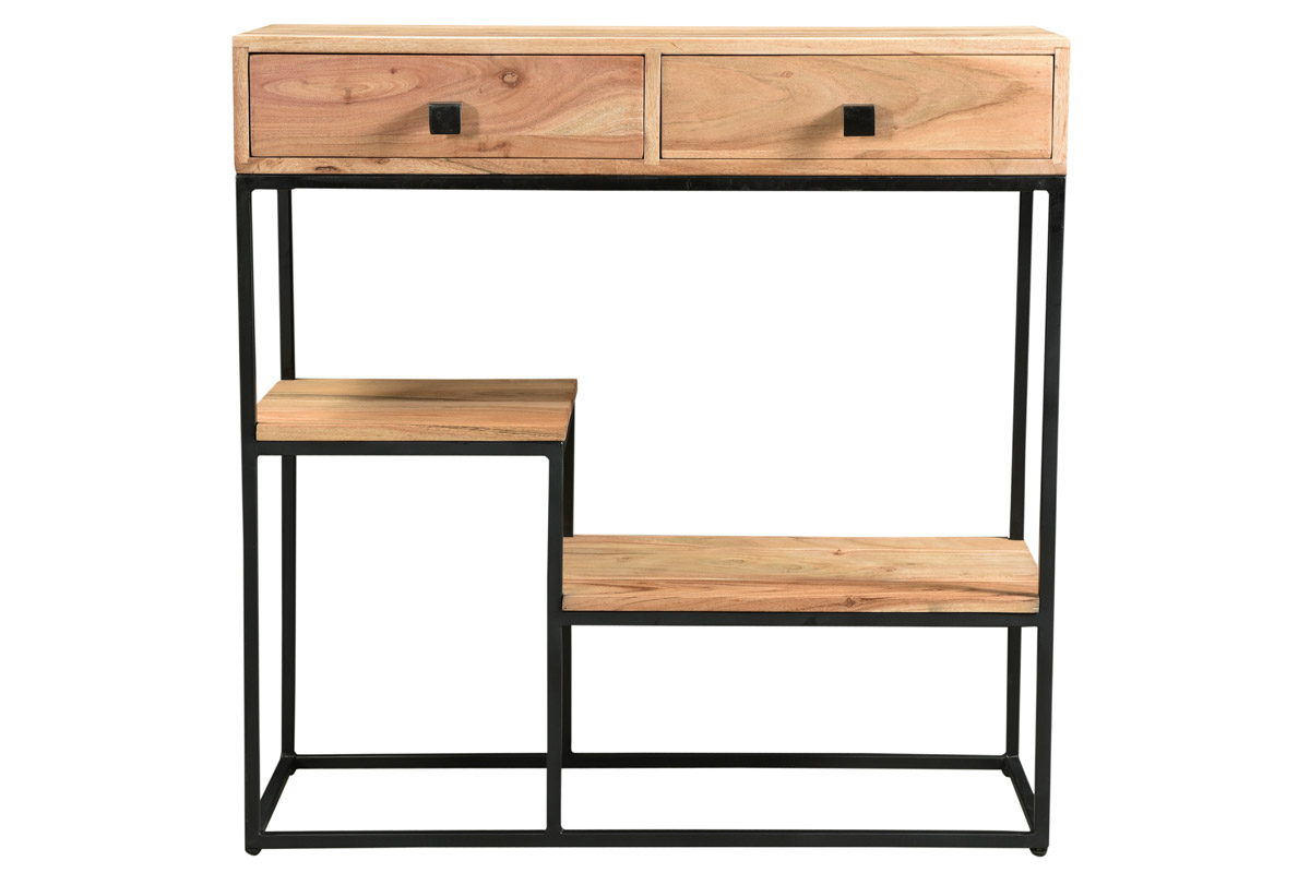 Console avec rangements 2 tiroirs en bois massif et métal noir L80 cm GRENELLE