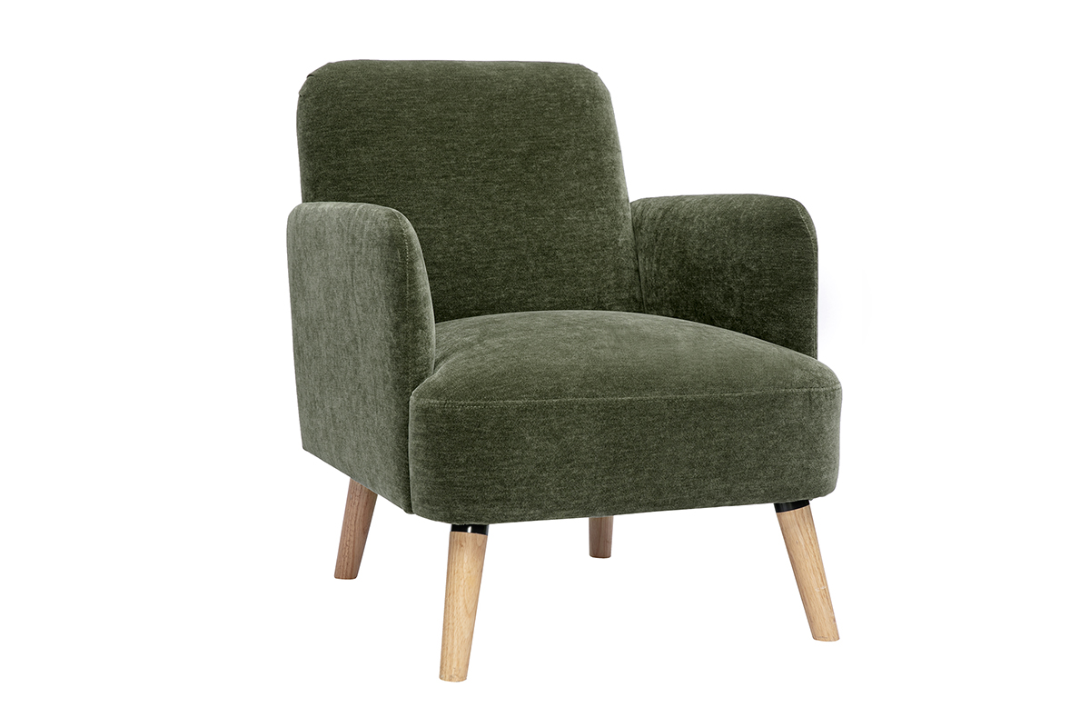 Sillón escandinavo en tela efecto terciopelo verde caqui y madera clara ISKO