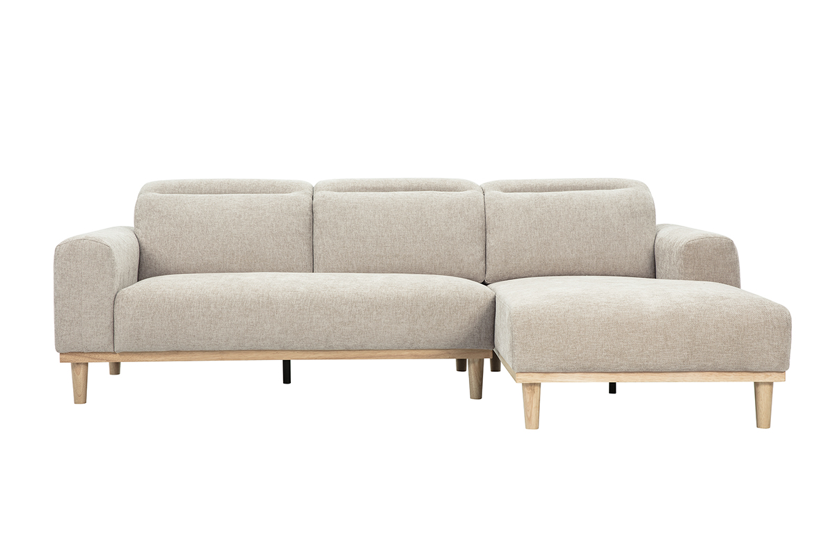Canapé d'angle droit 3 places avec têtières ajustables en tissu effet velours texturé beige et bois clair HORACIO