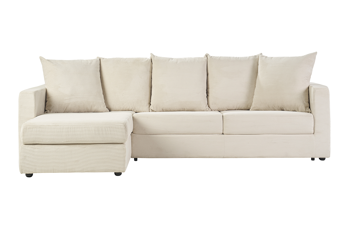 Canapé d'angle gauche convertible 4 places en tissu velours côtelé beige avec matelas 13 cm BACIO