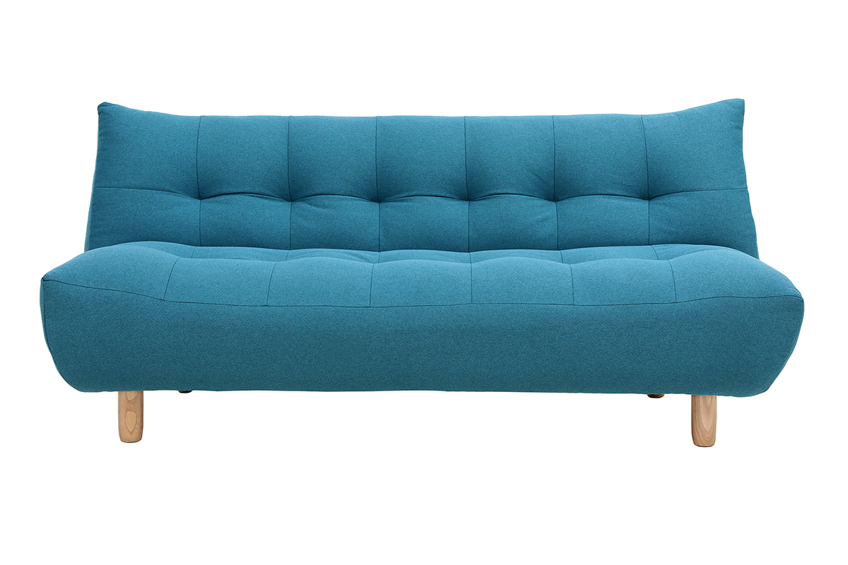 Canapé convertible scandinave 3 places en tissu bleu canard et bois clair YUMI