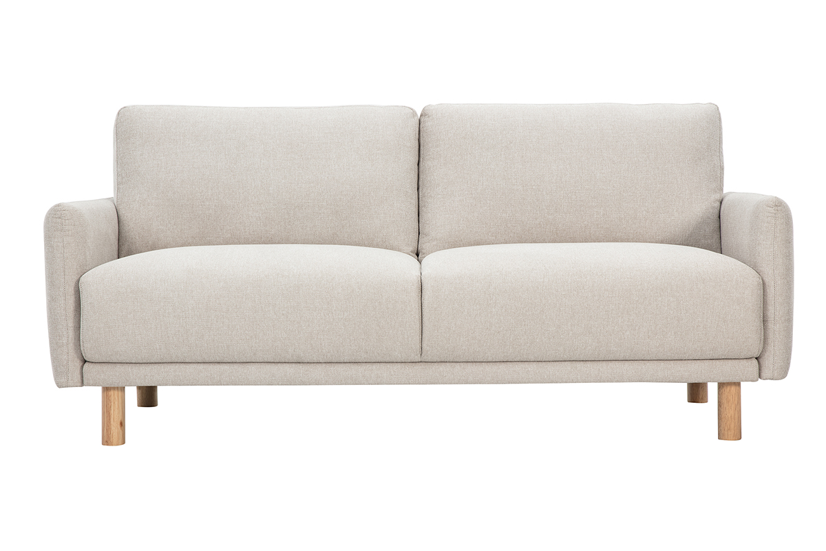 Canapé design 3 places en tissu effet velours texturé beige et bois clair BONO