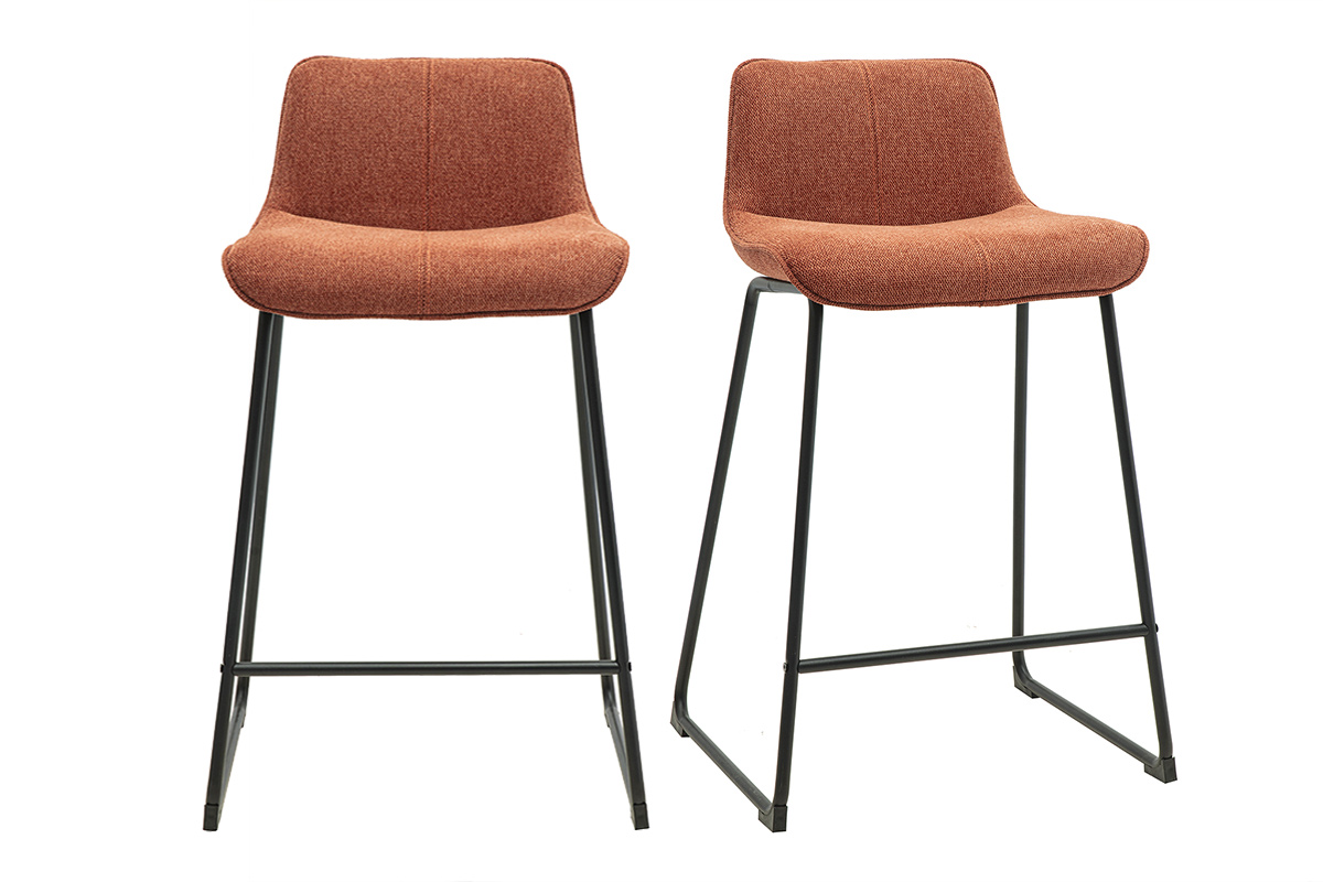 Tabourets de bar en tissu effet velours texturé terre brûlée et métal noir H65 cm (lot de 2) BOOST