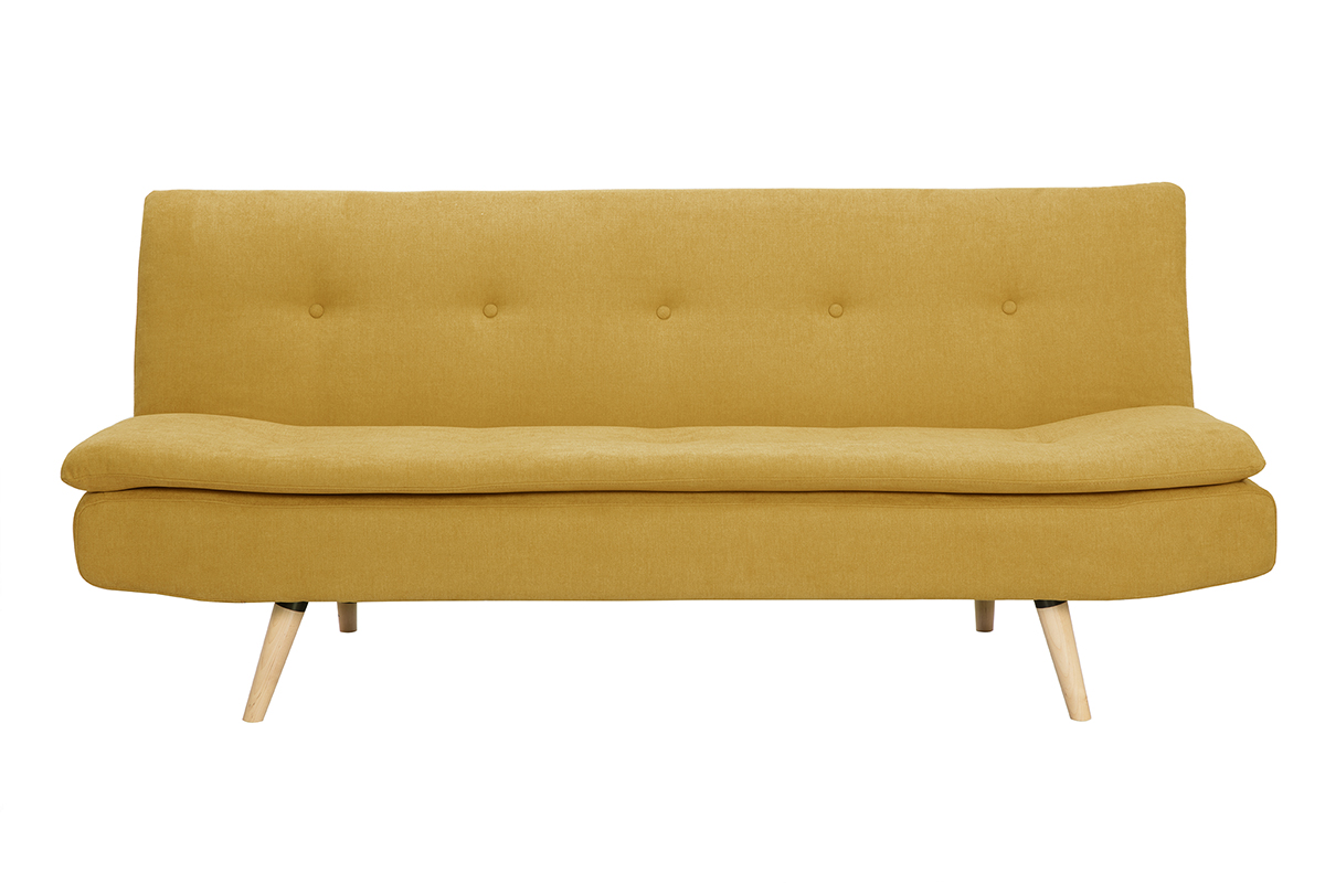 Canapé convertible 3 places en tissu effet velours jaune moutarde et bois clair SENSO