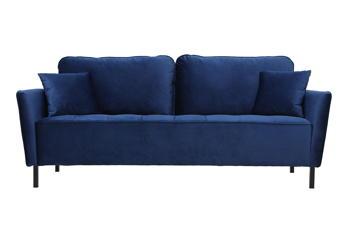 Canapé design 3 places en tissu velours bleu foncé et métal noir BEKA