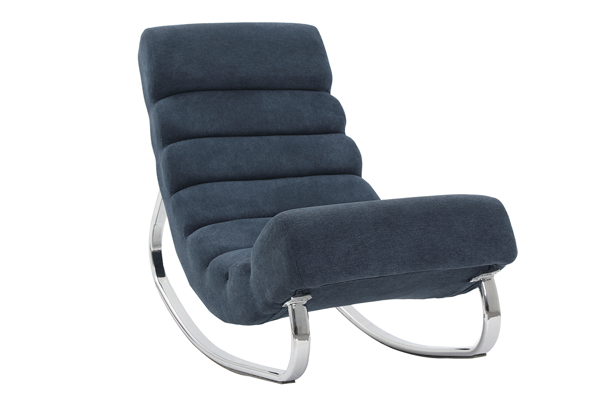 Rocking chair design en tissu effet velours bleu et acier chromé TAYLOR