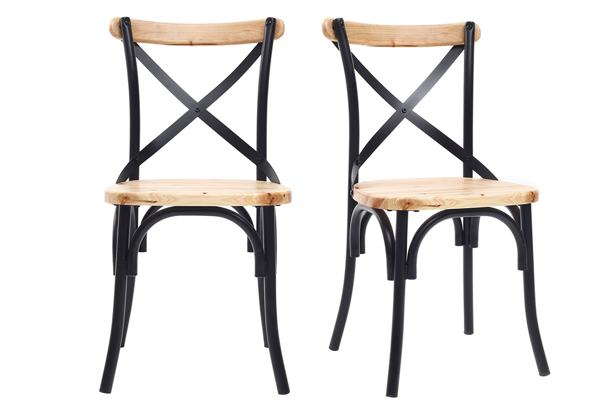 Chaises bistrot bois clair massif et métal noir (lot de 2) JAKE