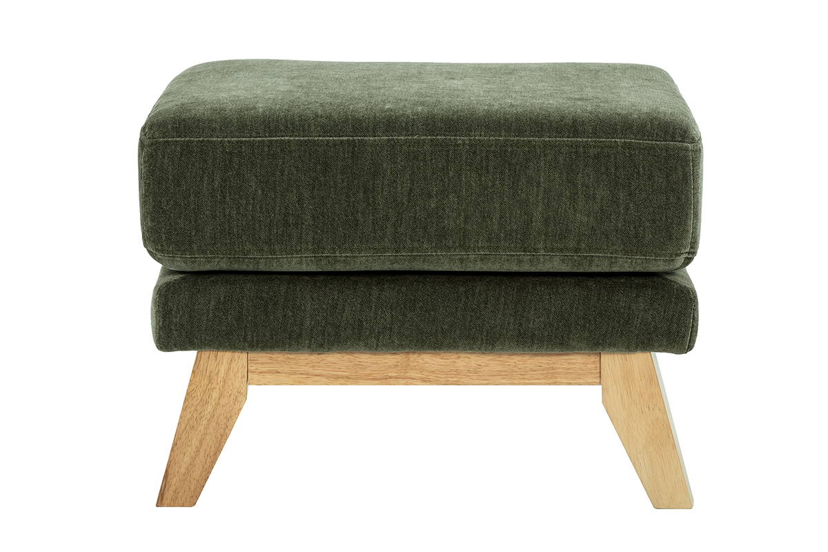 Pouf repose-pieds scandinave en tissu effet velours vert kaki et bois clair OSLO