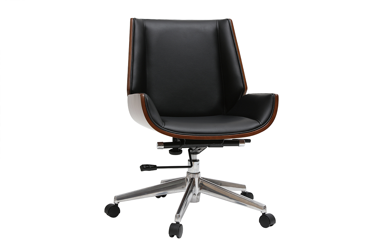Chaise de bureau à roulettes design noir, bois foncé noyer et acier chromé CURVED