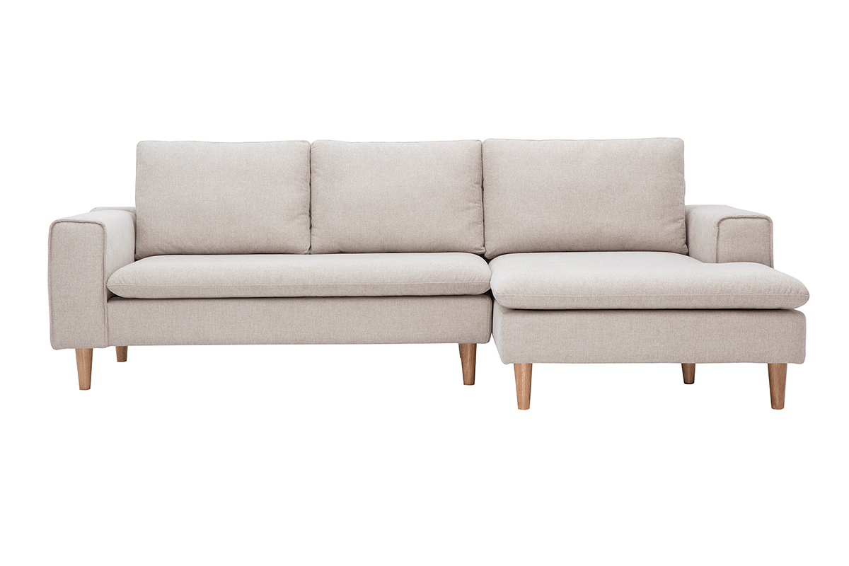 Canapé d'angle droit en tissu effet velours texturé beige et bois clair RAGNAR