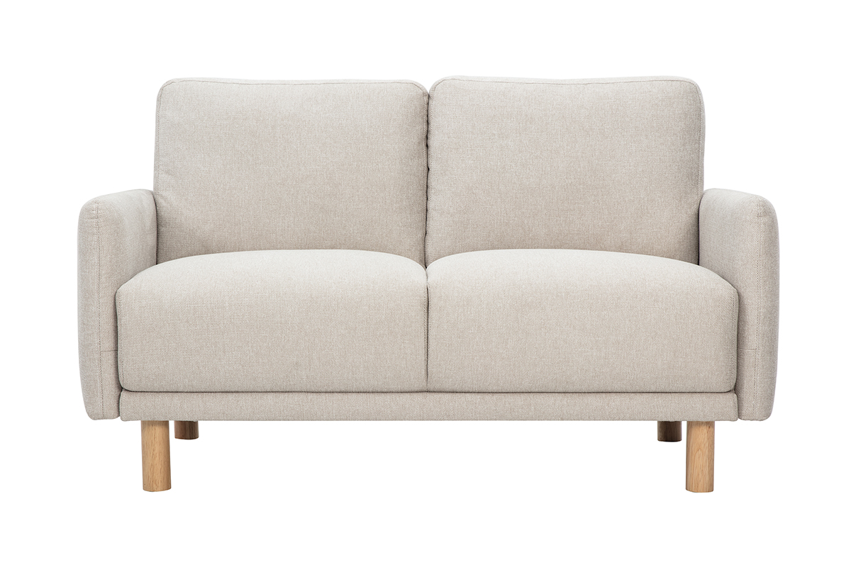 Canapé design 2 places en tissu effet velours texturé beige et bois clair BONO