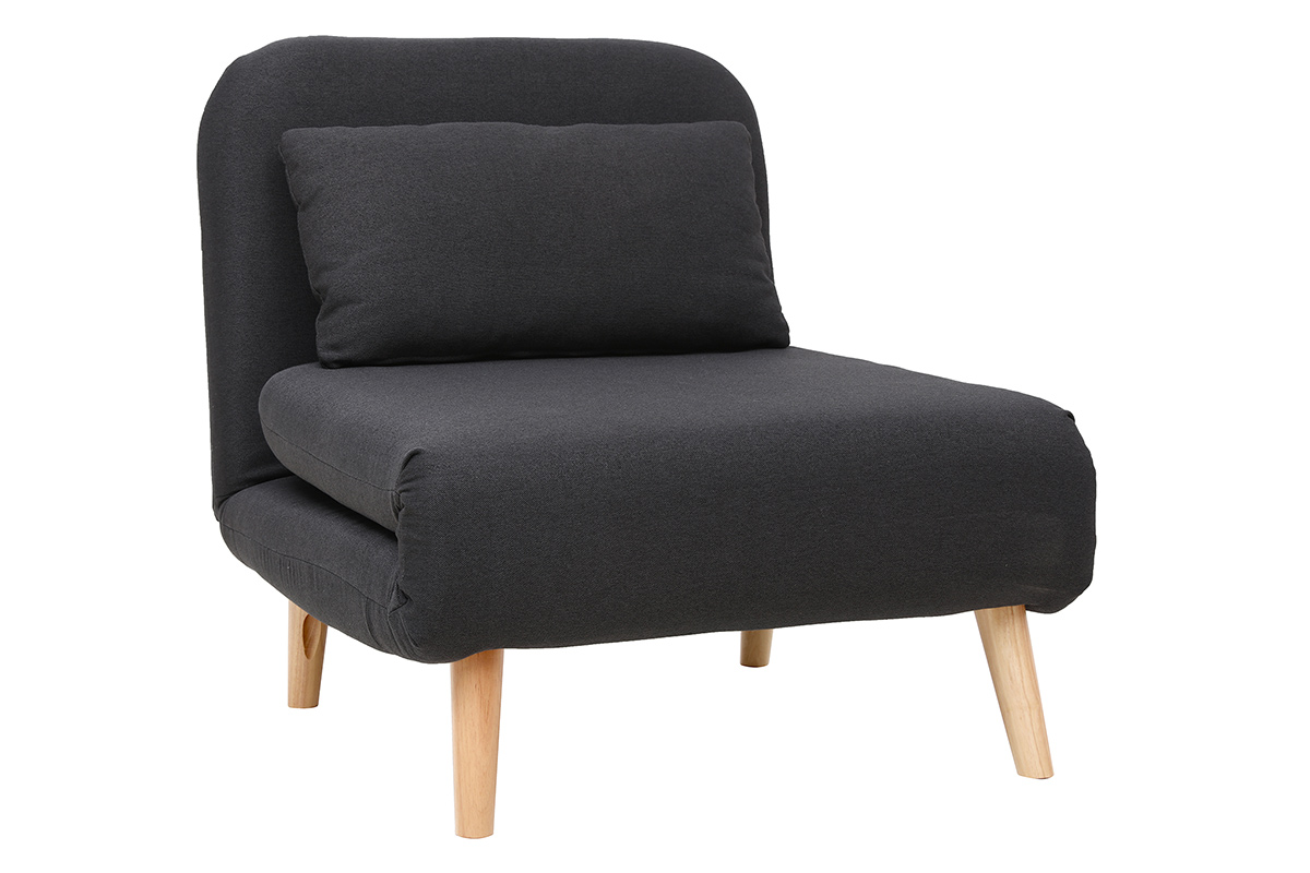Fauteuil convertible scandinave en tissu gris foncé et bois clair AMIKO