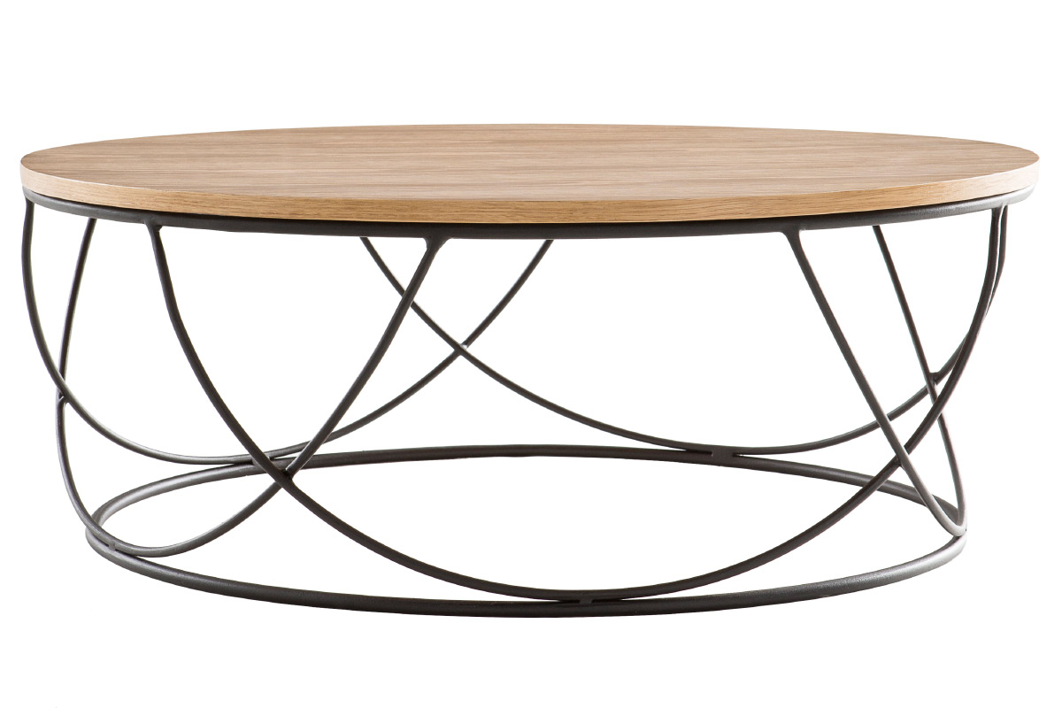 Table basse ronde bois clair chêne et métal noir D80 cm LACE
