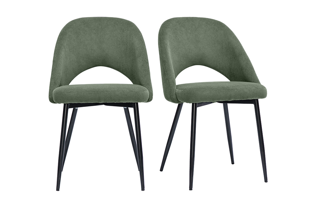 Chaises vintage en tissu velours côtelé vert kaki et métal noir (lot de 2) COSETTE