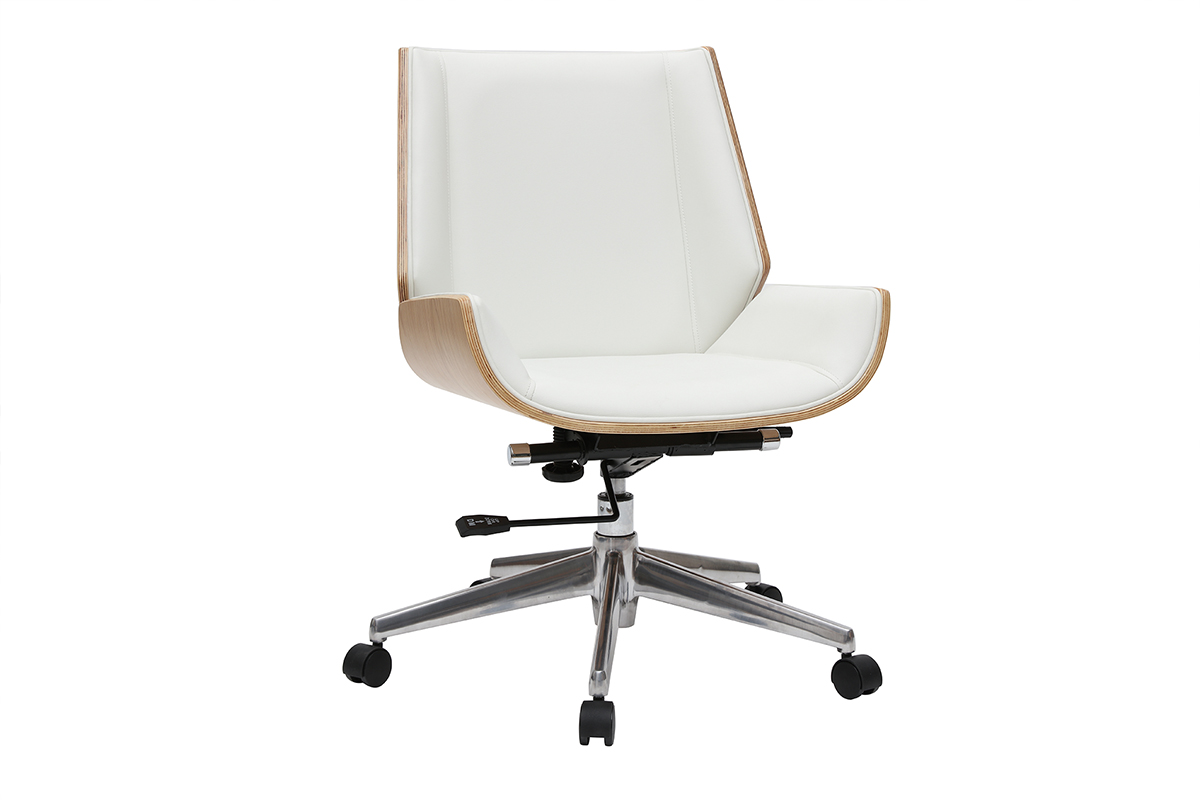 Chaise de bureau à roulettes design blanc, bois clair et acier chromé CURVED