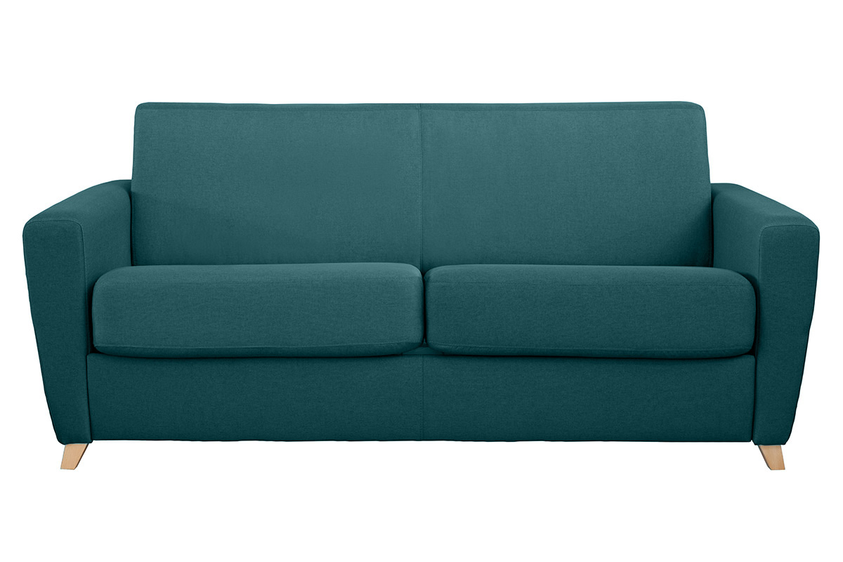 Canapé convertible 3 places en tissu bleu canard et bois clair avec matelas L140 cm 13 cm GRAHAM