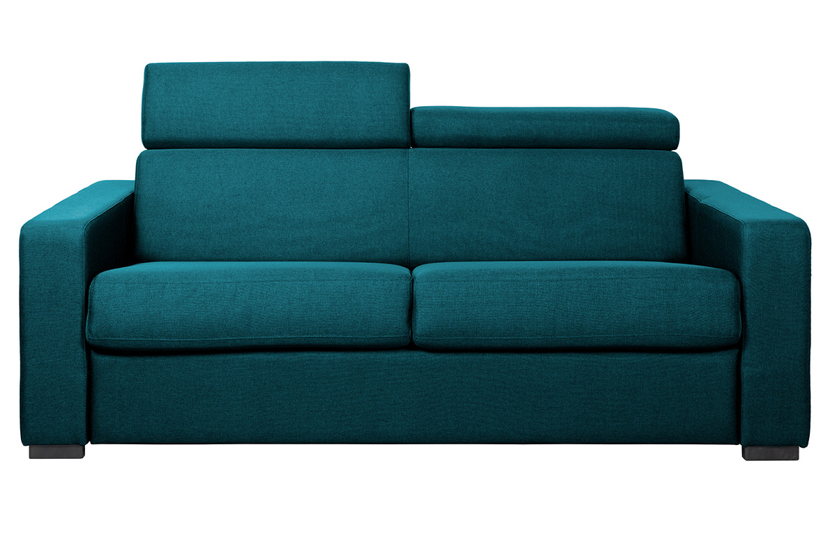 Canapé convertible avec têtières ajustables 3 places en tissu bleu canard avec matelas 12 cm NORO