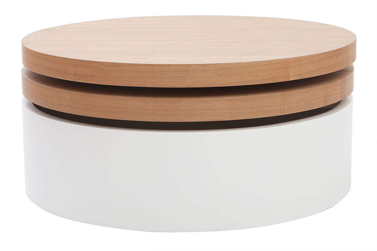 Table basse ronde avec plateaux pivotants et rangement blanc et bois clair chêne D80 cm ICON