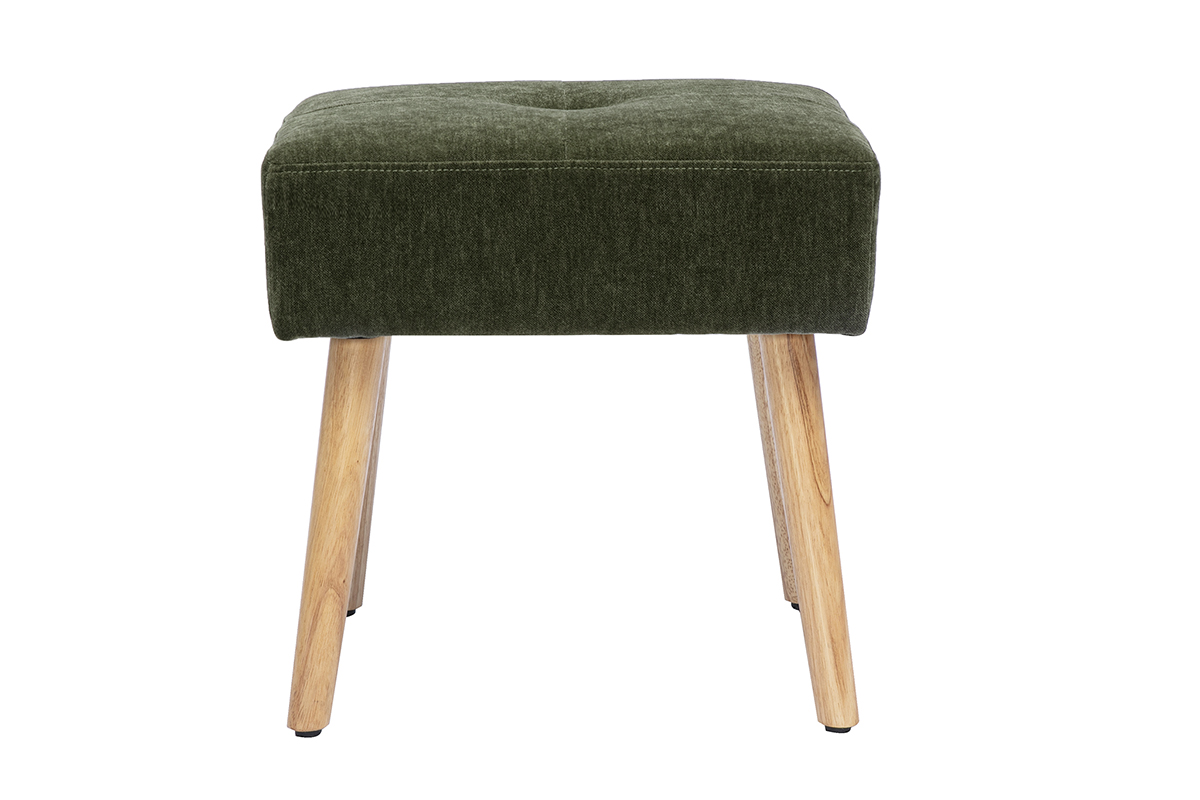 Taburete bajo en tela efecto terciopelo verde caqui y madera clara maciza H46 cm GUESTA