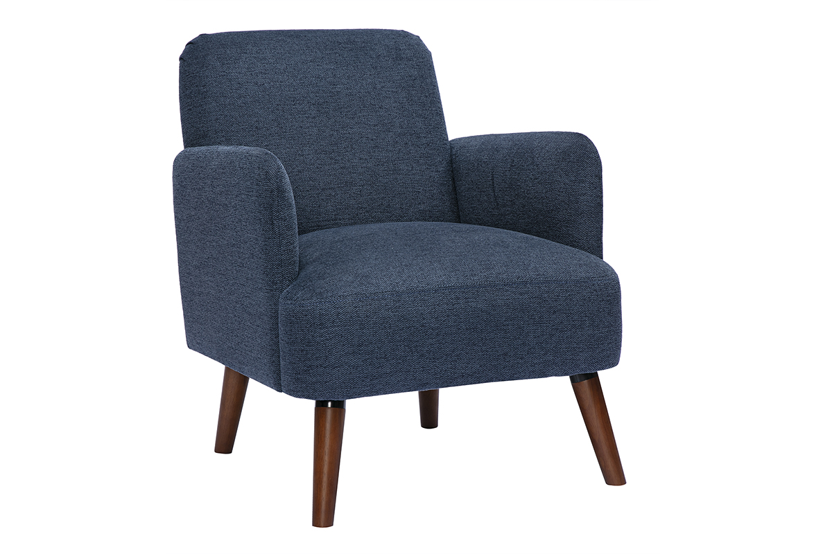 Fauteuil scandinave en tissu effet velours texturé bleu foncé et bois foncé ISKO