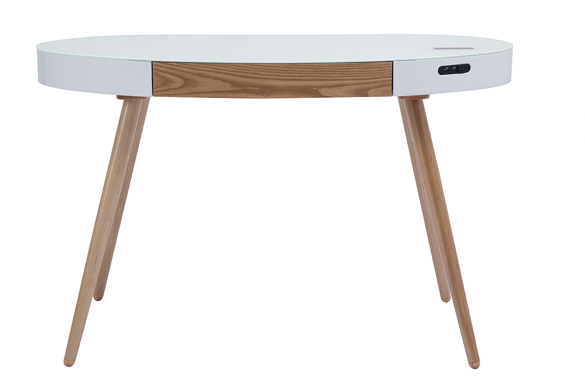 Bureau connecté multimédia verre blanc et bois clair L120 cm HANDY