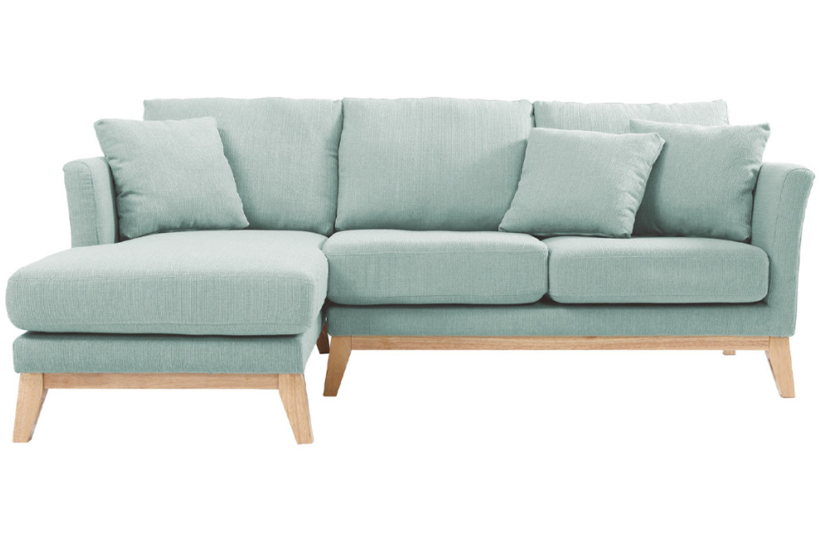 Canapé d'angle gauche déhoussable scandinave en tissu vert lagon et bois clair 3-4 places OSLO