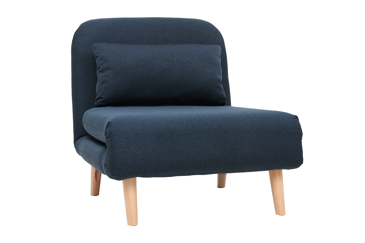 Fauteuil convertible scandinave en tissu bleu foncé et bois clair AMIKO