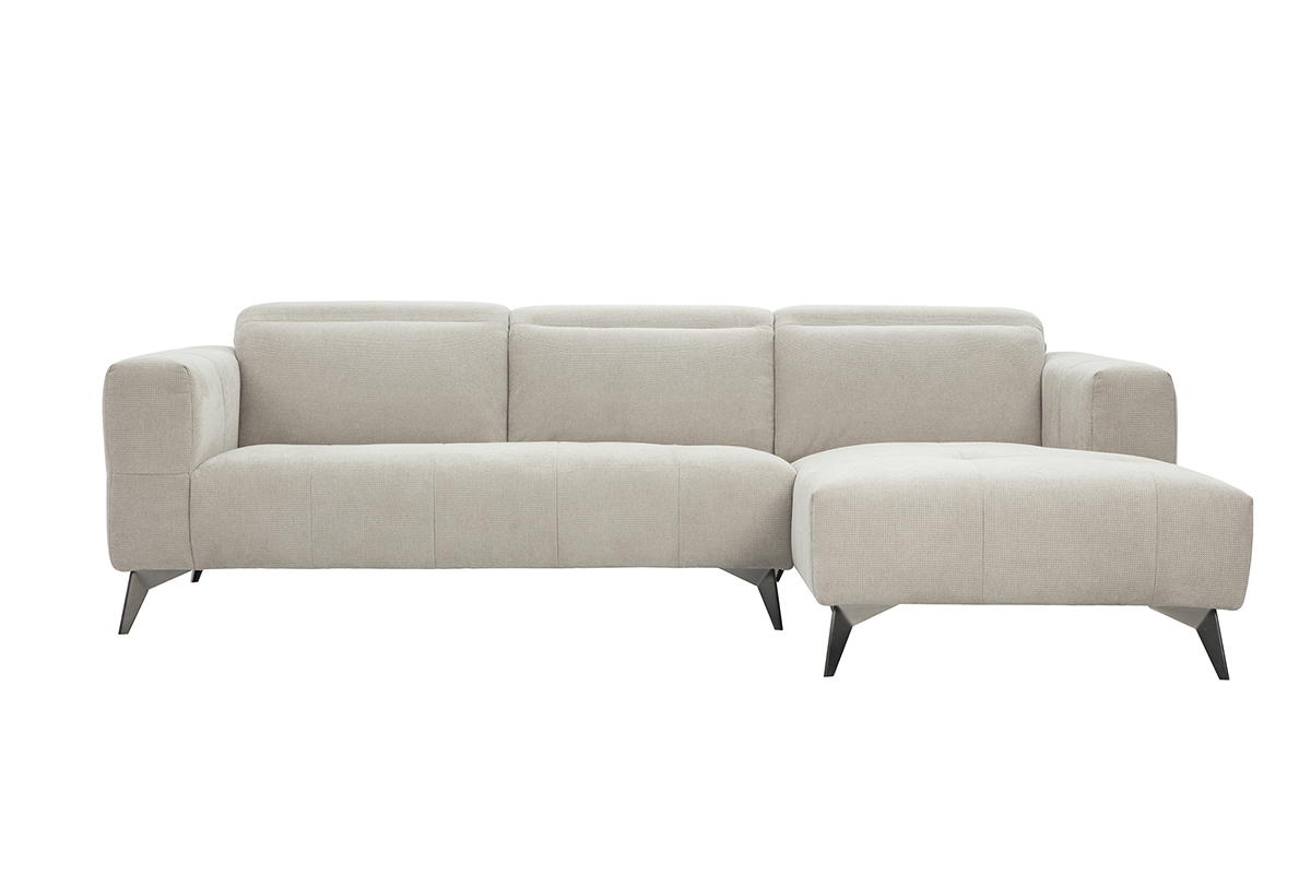Canapé d'angle droit 3 places avec têtières ajustables en tissu chenille beige et métal NORELL