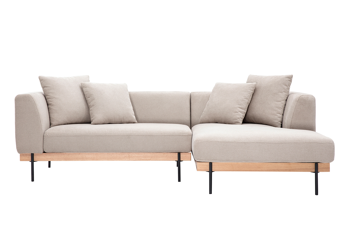 Canapé d'angle droit 4 places en tissu chenille beige et métal noir IVAR
