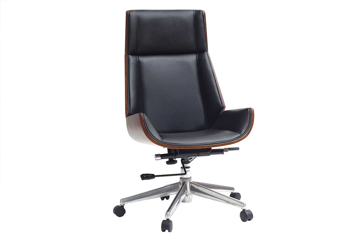 Fauteuil de bureau de direction design noir, bois foncé noyer et acier chromé CURVED