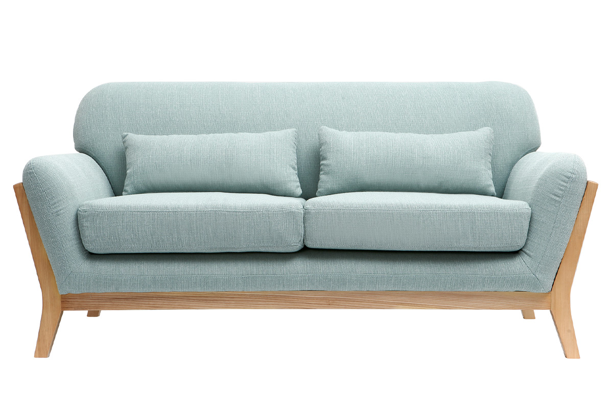 Canapé scandinave 2 places en tissu vert lagon et bois clair YOKO
