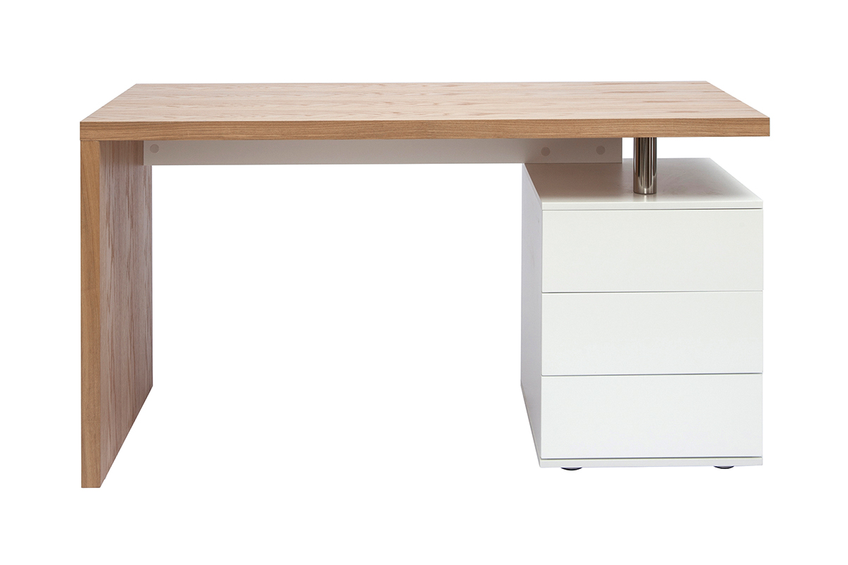 Bureau avec rangements 3 tiroirs design bois clair chêne et blanc L140 cm CALIX
