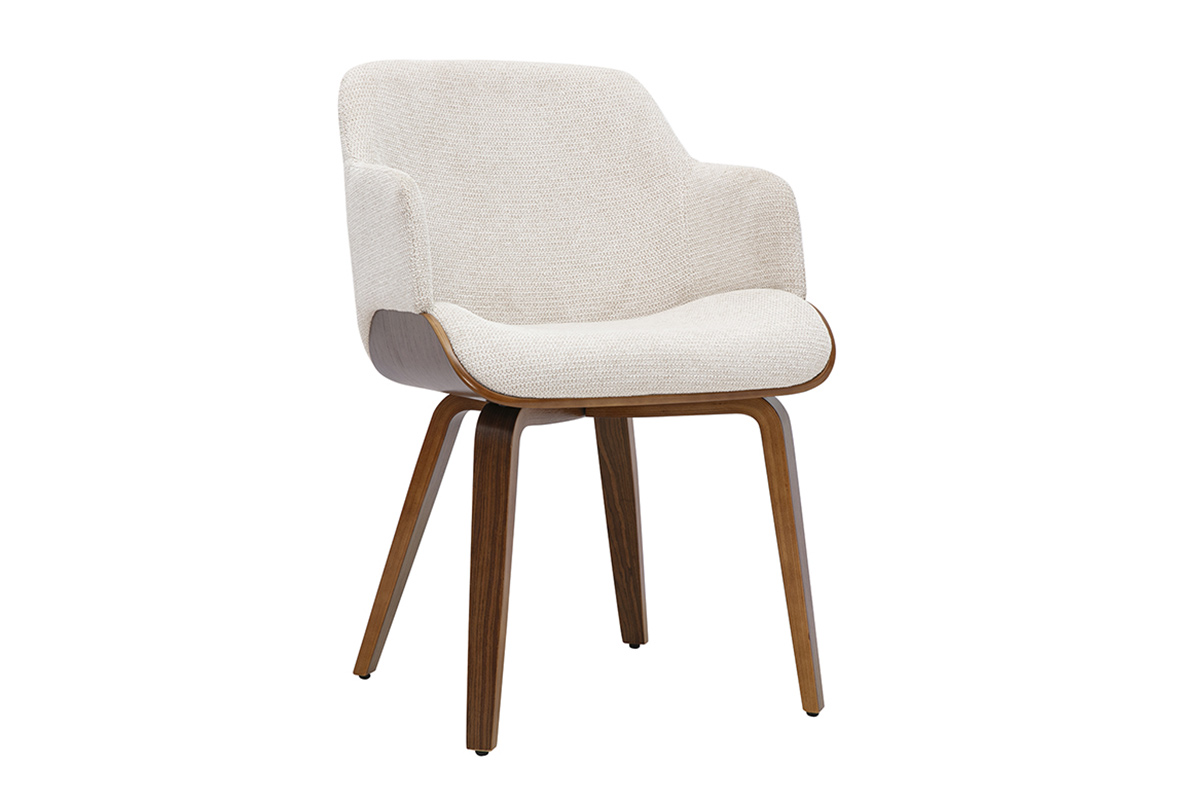 Sedia in tessuto ciniglia beige e legno scuro EARL